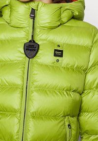 Lys grøn pufferjakke med quiltet design, der har en sort lynlås og mærker. Glat tekstur med ribbet stof og syede sektioner.