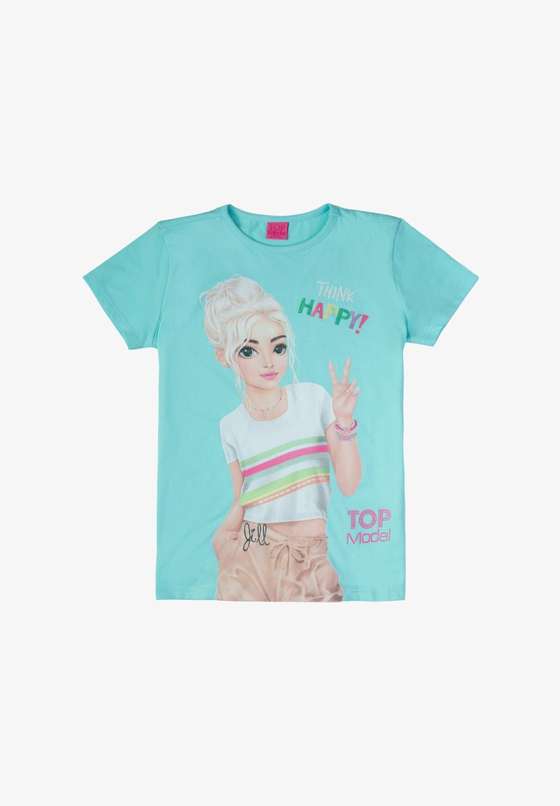 Turquoise T-shirt featuring a graphic of a character with blonde hair, wearing a white top with colorful stripes and beige pants. Text reads "THINK HAPPY!" and "TOP Model."
