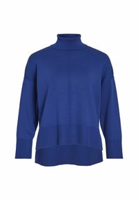 Maglione dolcevita blu con maniche lunghe, caratterizzato da polsini e orlo inferiore a coste, in un tessuto morbido a maglia, con una vestibilità leggermente ampia.