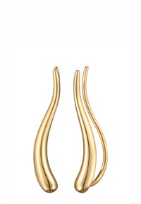 Goldfarbene Ohrringe mit einem gewellten, länglichen Design und einer glatten, glänzenden Oberfläche sowie verjüngten Enden. Leichtgewichtig mit einem polierten Finish.