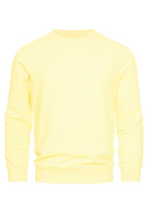 Sudadera de cuello redondo amarilla hecha de un tejido suave con puños y dobladillo acanalados. Presenta un pequeño logotipo en el pecho. Diseño simple, sin patrones.