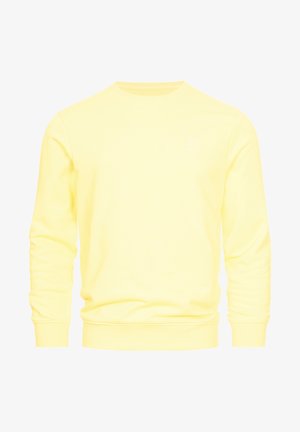 Gelbes Crewneck-Sweatshirt aus weichem Material mit gerippten Bündchen und Saum. Verfügt über ein kleines Logo auf der Brust. Einfaches Design, keine Muster.