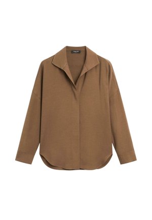 Brown, long-sleeve shirt with a wide collar, relaxed fit, and rounded hem. Fabric appears soft with a smooth texture.