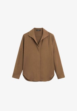 Braunes langärmeliges Hemd mit weitem Kragen, lässiger Passform und abgerundetem Saum. Der Stoff scheint weich und hat eine glatte Textur.