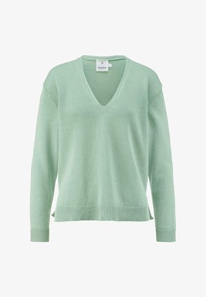 Mintgroene V-hals trui van zacht breiwerk. Kenmerkt zich door geribde manchetten en zoom, met een ontspannen pasvorm en subtiele zijsplitten.