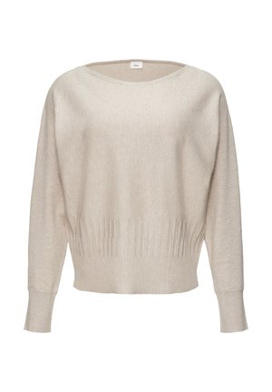 Beige gebreid sweater met een wijde Halslijn, drop shoulder mouwen en een geribbelde textuur aan de onderkant. Zacht materiaal met een gladde afwerking.