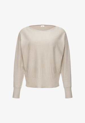 Beige gebreid sweater met een wijde Halslijn, drop shoulder mouwen en een geribbelde textuur aan de onderkant. Zacht materiaal met een gladde afwerking.