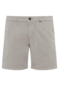 Pantaloni corti grigi chiari realizzati in cotone, con chiusura a bottone, passanti per cintura e dettagli cuciti. Lunghezza a metà coscia con tasche laterali.