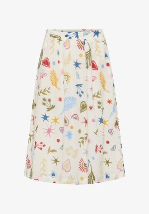 O fustă A-line, de lungime până la genunchi, confecționată dintr-un material ușor, cu un model floral și abstract multicolor pe un fundal crem.