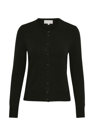 Cardigan nero realizzato in tessuto morbido, con scollatura rotonda, maniche lunghe e chiusura frontale con bottoni in posizione uniforme.