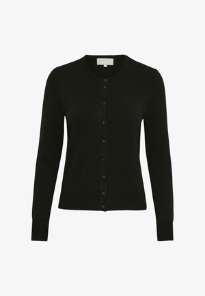 Cardigan noir en tissu doux, avec un col rond, des manches longues et une fermeture à boutons à l'avant avec des boutons placés de manière uniforme.