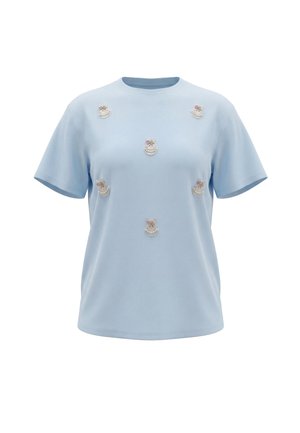 Lys blå kortærmet t-shirt med flere broderede kaninansigter pyntet med perler og blomster på forsiden.