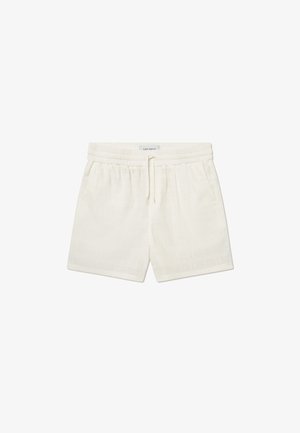 Calções brancos feitos de tecido texturizado com cintura elástica e cordão ajustável. O design apresenta um padrão de grelha com cortes subtis.