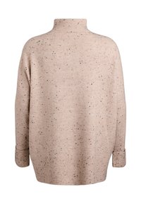 Beige Pullover mit hohem Kragen, ausgestattet mit einem gesprenkelten Muster in Schwarz, langen Ärmeln und gerippten Bündchen und Saum. Weicher Strickstoff.