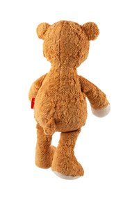 Brown plush teddy bear with soft texture. Features round ears, a small tail, and white accents on paws. Back view, no visible facial details.