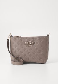 Grijze handtas met een gestructureerd oppervlak, voorzien van geperste patronen, een ritsluiting en een goudkleurig logo-accent. Inclusief een afneembare schouderriem.