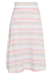 Högmidjad A-linjeformad kjol med horisontella pastellränder i rosa, beige, vitt, persika och ljusblå.