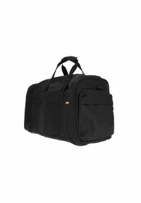 Sac de sport noir en tissu robuste, doté de deux poignées supérieures, d'une poche zippée à l'avant et d'une texture lisse. Forme rectangulaire compacte.