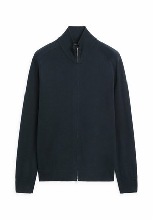 Granatowy kardigan na pełny zamek z prążkowanym kołnierzem, mankietami i dolną krawędzią, prezentowany na białym tle.