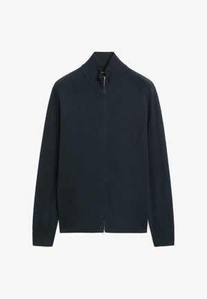 Marineblauwe cardigan met volledige ritssluiting, geribbelde kraag, manchetten en zoom, getoond op een witte achtergrond.