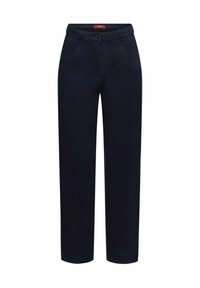 Mörkblå byxor i bomullsmix, med rak bendesign, framfickor och knappstängning i midjan.