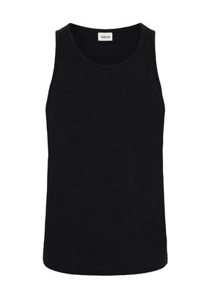 Débardeur noir en coton, avec un col rond, sans manches et une coupe droite, orné d'une petite étiquette de marque en bas.