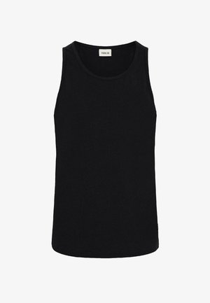 Must mustyyhjak, mis on valmistatud puuvillast, ringjalaga, lühikeste varrukateta disainiga ja sirge allservaga, millel on väike brändi silt all.