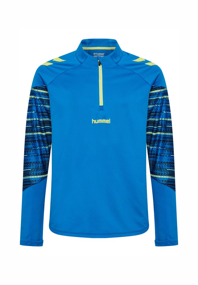 Blaues, langärmliges Sporthemd mit halbem Reißverschluss-Kragen, das mit gemusterten blauen und gelben Akzenten an den Ärmeln sowie dem "hummel"-Logo auf der Brust versehen ist.