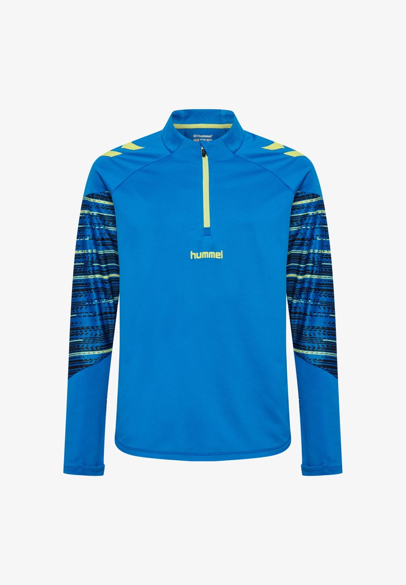 Blaues, langärmliges Sporthemd mit halbem Reißverschluss-Kragen, das mit gemusterten blauen und gelben Akzenten an den Ärmeln sowie dem "hummel"-Logo auf der Brust versehen ist.