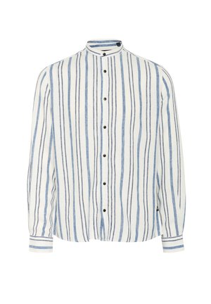 Fehér, hosszú ujjú ing függőleges kék csíkokkal, álló gallérral és fekete gombokkal. Könnyű, textúrált anyagb�ól készült.