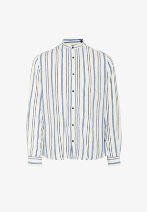 Fehér, hosszú ujjú ing függőleges kék csíkokkal, álló gallérral és fekete gombokkal. Könnyű, textúrált anyagból készült.