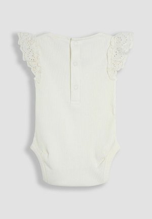 Valge ribaga bodi, millel on pitsilised volangvarrukad ja nööpauk tagaküljel. Pehme tekstuur, keha järgnev kuju koos elastsete jalgade avadega.