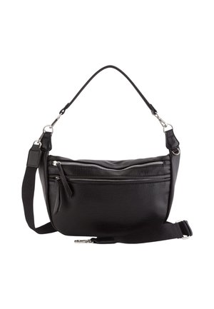 Bolso de mano de cuero negro con un acabado texturizado, que presenta una forma curva, correa ajustable y múltiples compartimentos con cremallera.