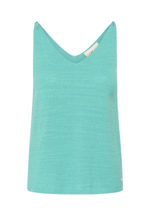 Turkizna pamučna majica bez rukava s V-izrezom i malom tkanom etiketom unutar ovratnika, prikazana na bijeloj pozadini.