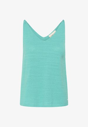 Sleeveless turquoise knit top with V-neck and a small fabric label inside the collar, displayed on a white background.
