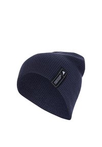 Knit beanie in dark navy, featuring a textured ribbed design and a black label with white text and logo.
