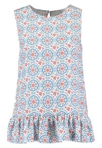 Top sans manches blanc avec un motif floral bleu et rose. Ourlet froncé en bas et fermeture à bouton au niveau de la nuque.
