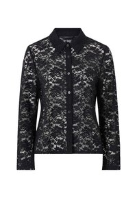 Schwarzes Spitzenshirt mit langen Ärmeln, mit Kragen und Knopfverschluss. Verfügt über ein florales Spitzenmuster und eine glatte Stofftextur.