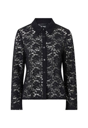 Black lace shirt with long sleeves, collared neck, and button closure. Features floral lace pattern and smooth fabric texture.