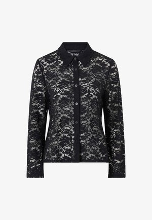 Black lace shirt with long sleeves, collared neck, and button closure. Features floral lace pattern and smooth fabric texture.