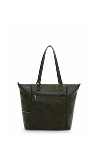 Borsa tote verde scuro realizzata in morbida pelle sintetica, con due manici, tasca frontale con zip e design minimalista.
