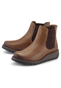 Brown leather ankle boots with elastic side panels, rounded toe, and textured sole for grip. Interior features a striped pattern.