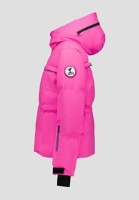 Giacca imbottita rosa brillante con cappuccio, dettagli con cerniera nera, una toppa rotonda con il logo JOTT sulla manica e cinturini regolabili ai polsi.