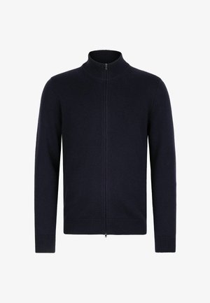 Marineblauer Reißverschluss-Pullover mit hohem Kragen, gerippten Bündchen und Saum, aus strukturiertem Strickstoff, mit zentralem Reißverschluss.