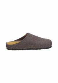 Gray felt slip-on clog with a rounded toe, soft interior lining, and a textured rubber sole. Lightweight design ideal for indoor use.
