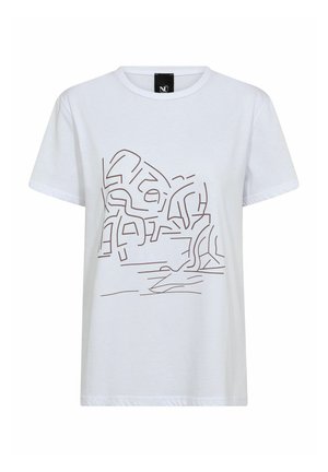 Valkoinen puuvillapaita, jossa on lyhyet hihat, ja etupuolella on minimalistinen ruskea viivapiirustus. Pyöreä pääntie, rento malli.