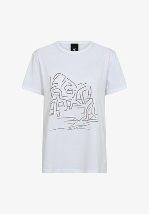 Valkoinen puuvillapaita, jossa on lyhyet hihat, ja etupuolella on minimalistinen ruskea viivapiirustus. Pyöreä pääntie, rento malli.