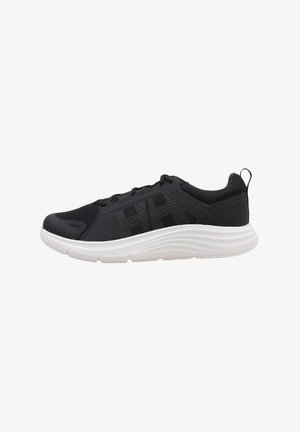 Zapatillas deportivas negras con un upper texturizado, que cuentan con una suela blanca acolchada, forma redondeada y un diseño minimalista.