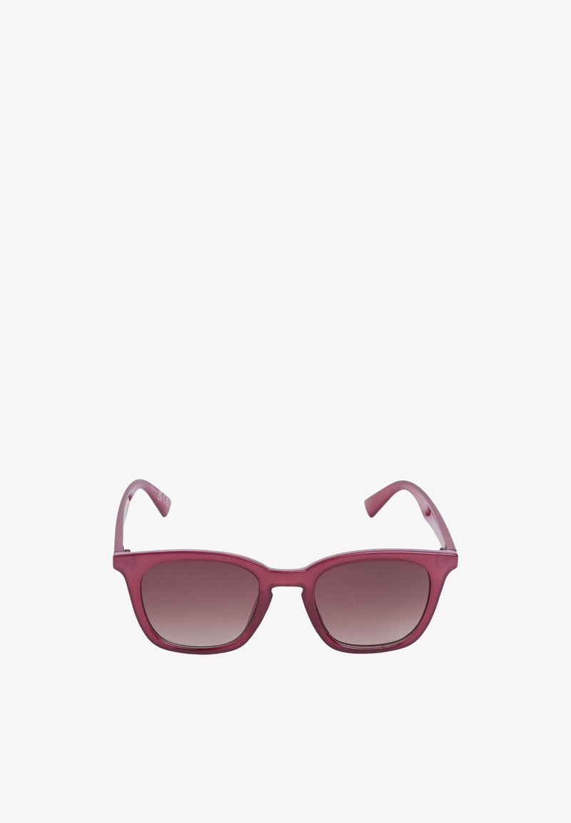 Lunettes de soleil rectangulaires roses avec des verres dégradés foncés et une monture légèrement courbée.