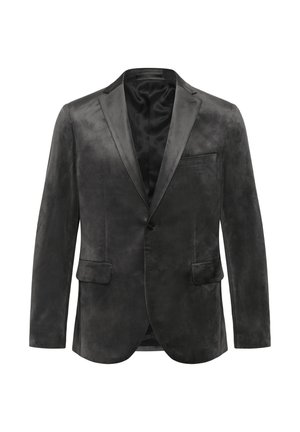 Melnā zamšā jaka ar gludu tekstūru, ar vienu pogu slēgšanu, izgrieztiem uzmavām un divām priekšējām kabatām. Odere ir ar elegantu apdari.